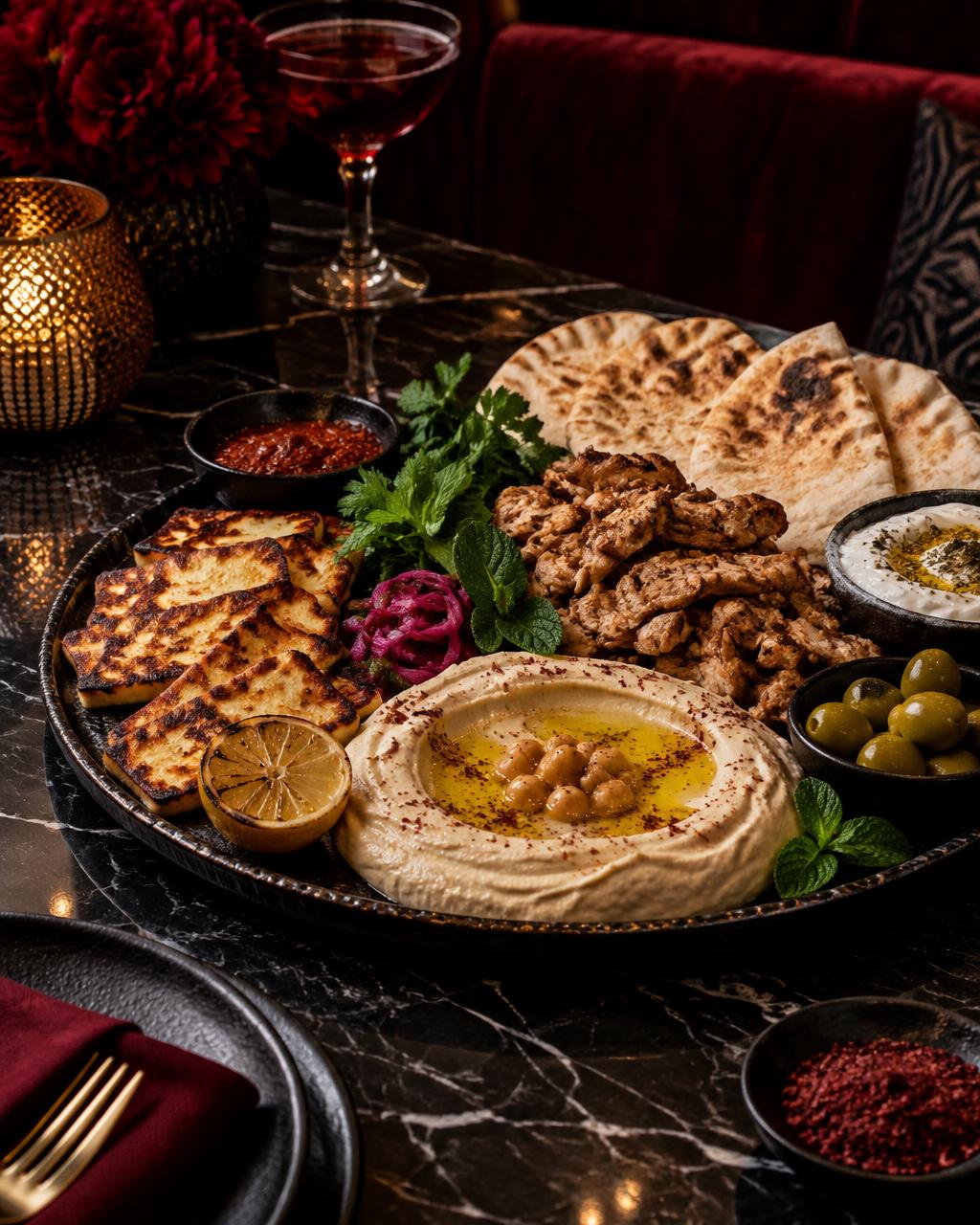 Mezze sharing platter with halloumi and shawarma
